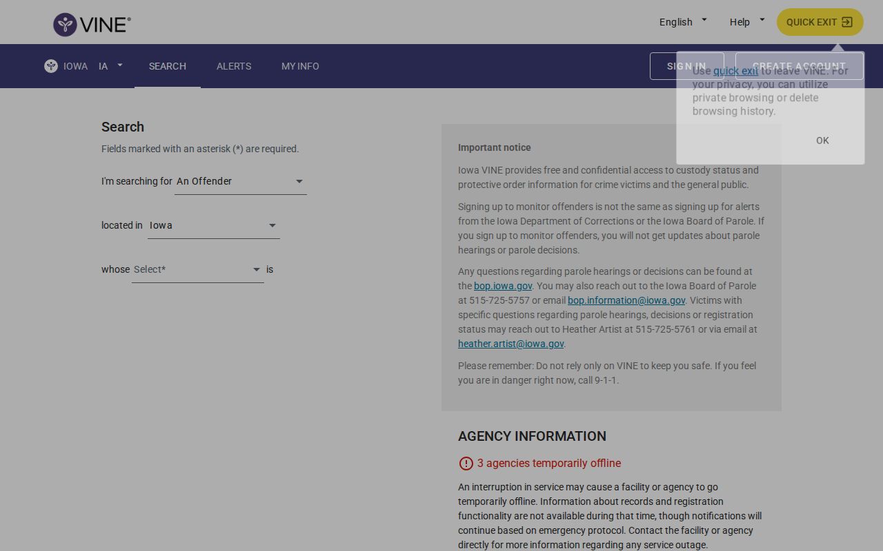 VINELink Iowa person search interface for name or offender ID lookup