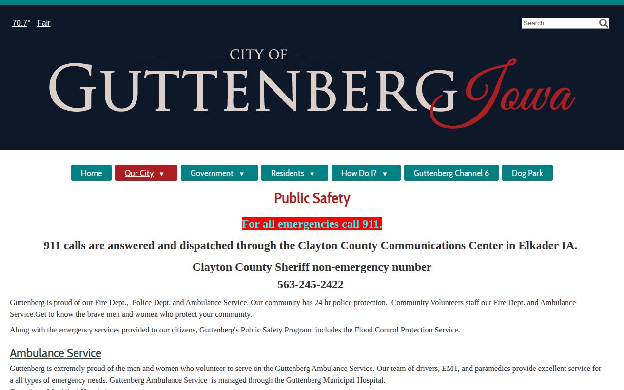 Guttenberg official Public Safety page with police and dispatch contacts